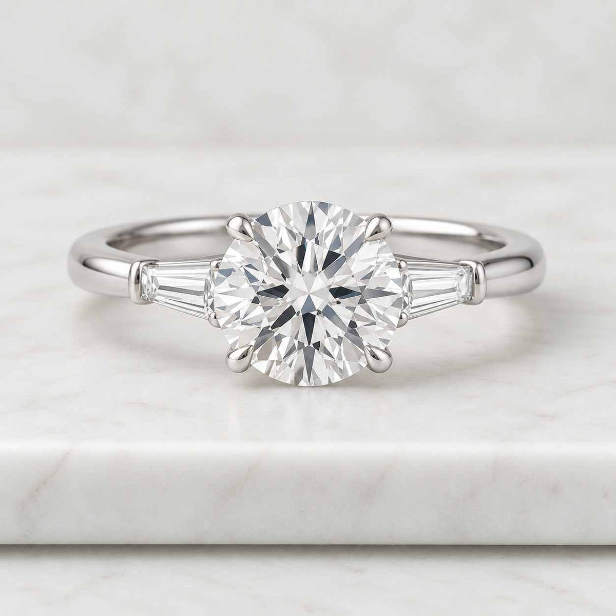 2.00 CT Round Lab Grown Diamond Three Stone Engagement Ring Yellow Gold Tapered Baguette Side Stones