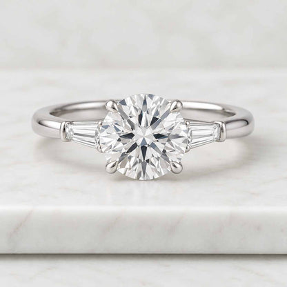 2.00 CT Round Lab Grown Diamond Three Stone Engagement Ring Yellow Gold Tapered Baguette Side Stones