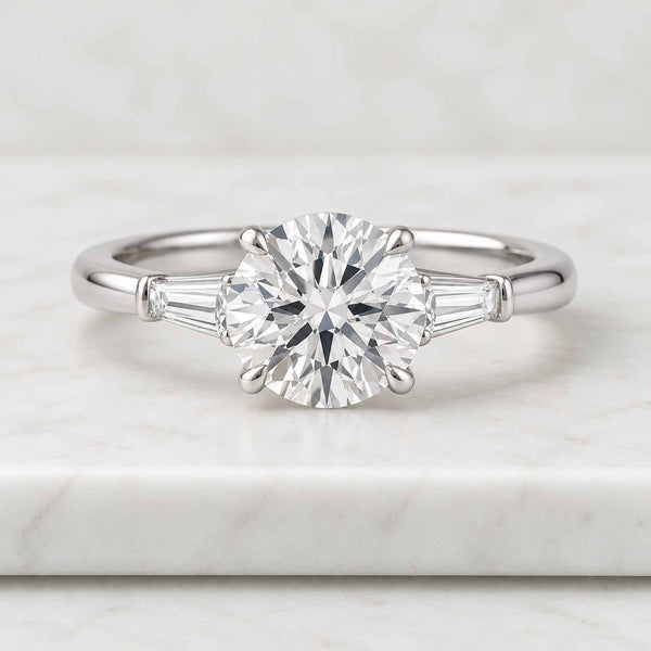 2.00 CT Round Lab Grown Diamond Three Stone Engagement Ring Yellow Gold Tapered Baguette Side Stones