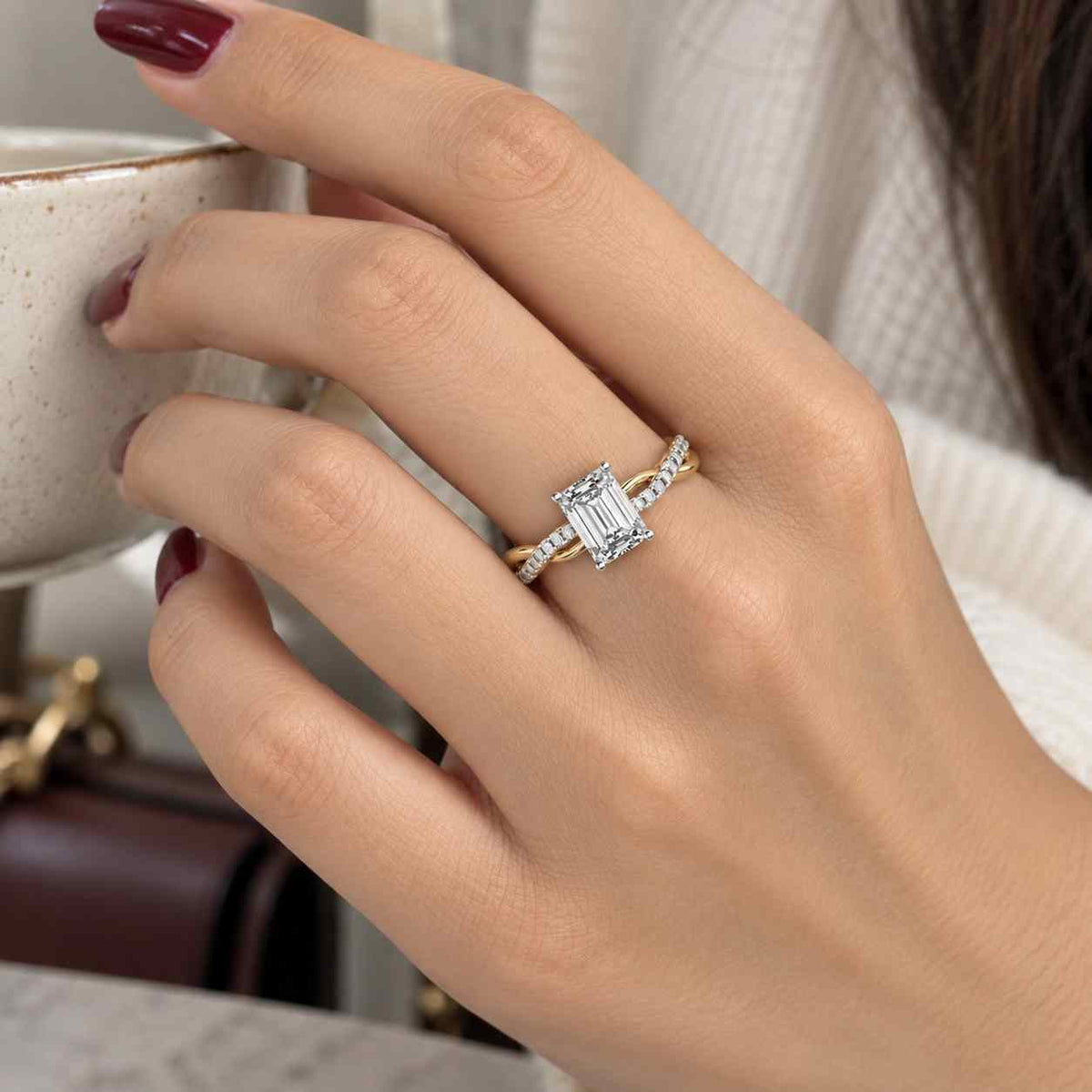 2.00 ctw lab grown emerald cut bezel setting engagement ring in 14k gold, the novara, lab grown engagement ring by ferkos fine jewelry
