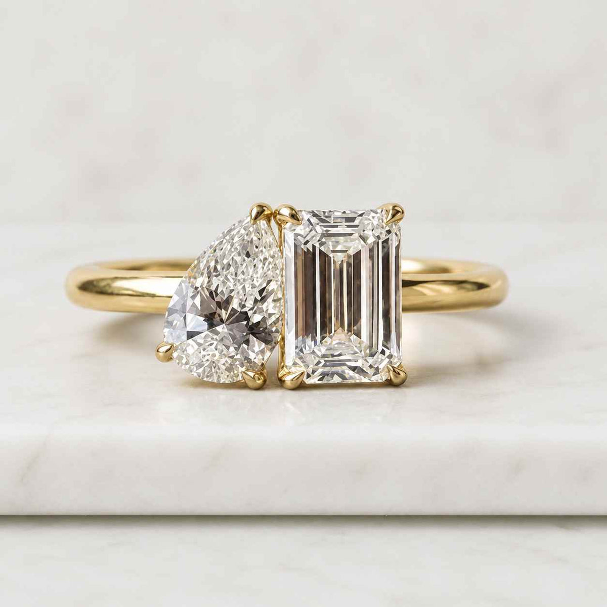 2.00 ct igi certified toi et moi lab grown diamond ring, emerald and pear cut, 14k gold