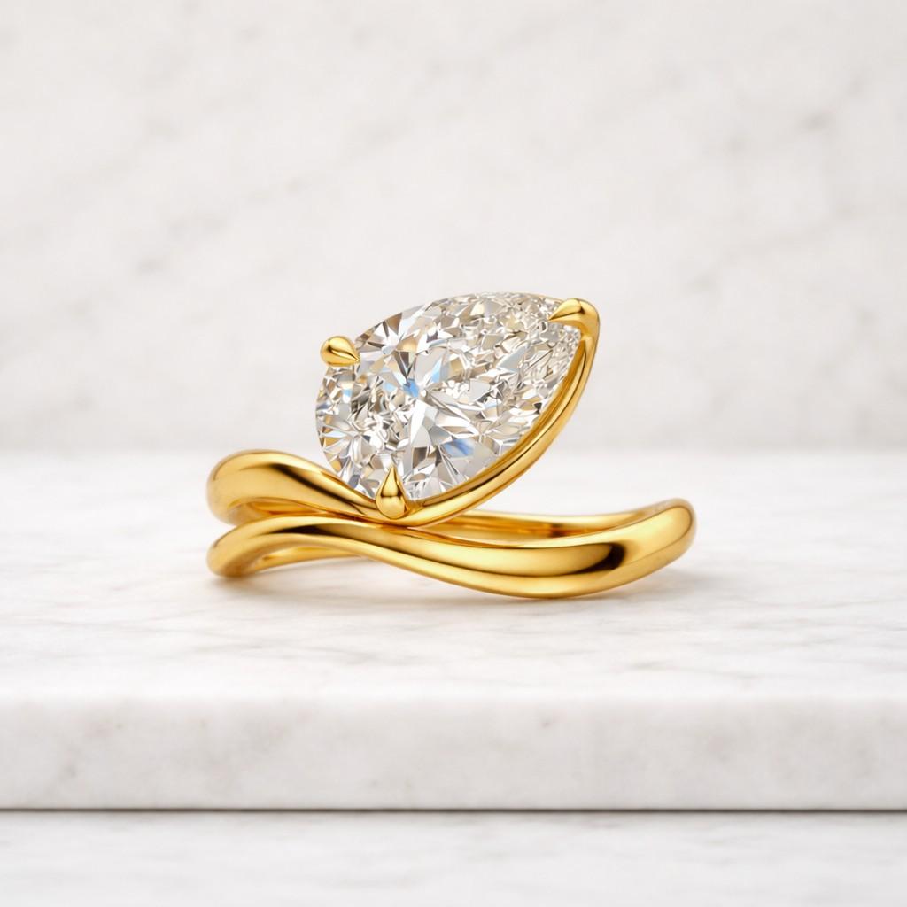 pear cut moissanite east west solitaire women wedding anniversary ring, curve 14k solid gold wedding band for her horizontal teardrop ring