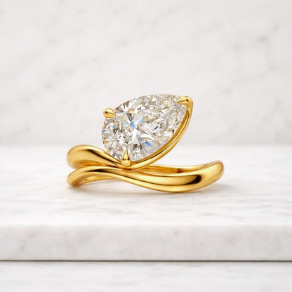 Pear Cut Moissanite East West Solitaire Women Wedding Anniversary Ring, Curve 14K Solid Gold Wedding Band For Her Horizontal Teardrop Ring