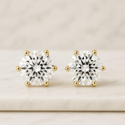 2.20 CT Round Cut Diamond Stud Earrings  Lotus Inspired 6-Prong Solitaire Earrings  Natural HPHT Diamonds  925 Silver 14K Gold Plated