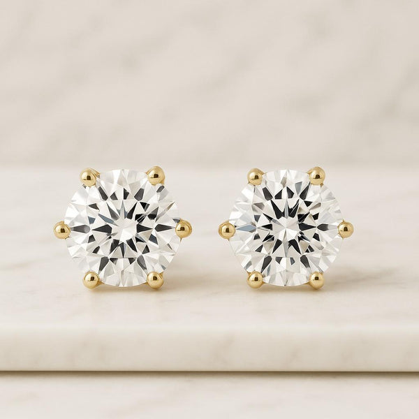 2.20 CT Round Cut Diamond Stud Earrings  Lotus Inspired 6-Prong Solitaire Earrings  Natural HPHT Diamonds  925 Silver 14K Gold Plated