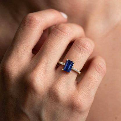 2.20 Ct Emerald Cut Sapphire & Diamond Engagement Ring, 14K White Gold