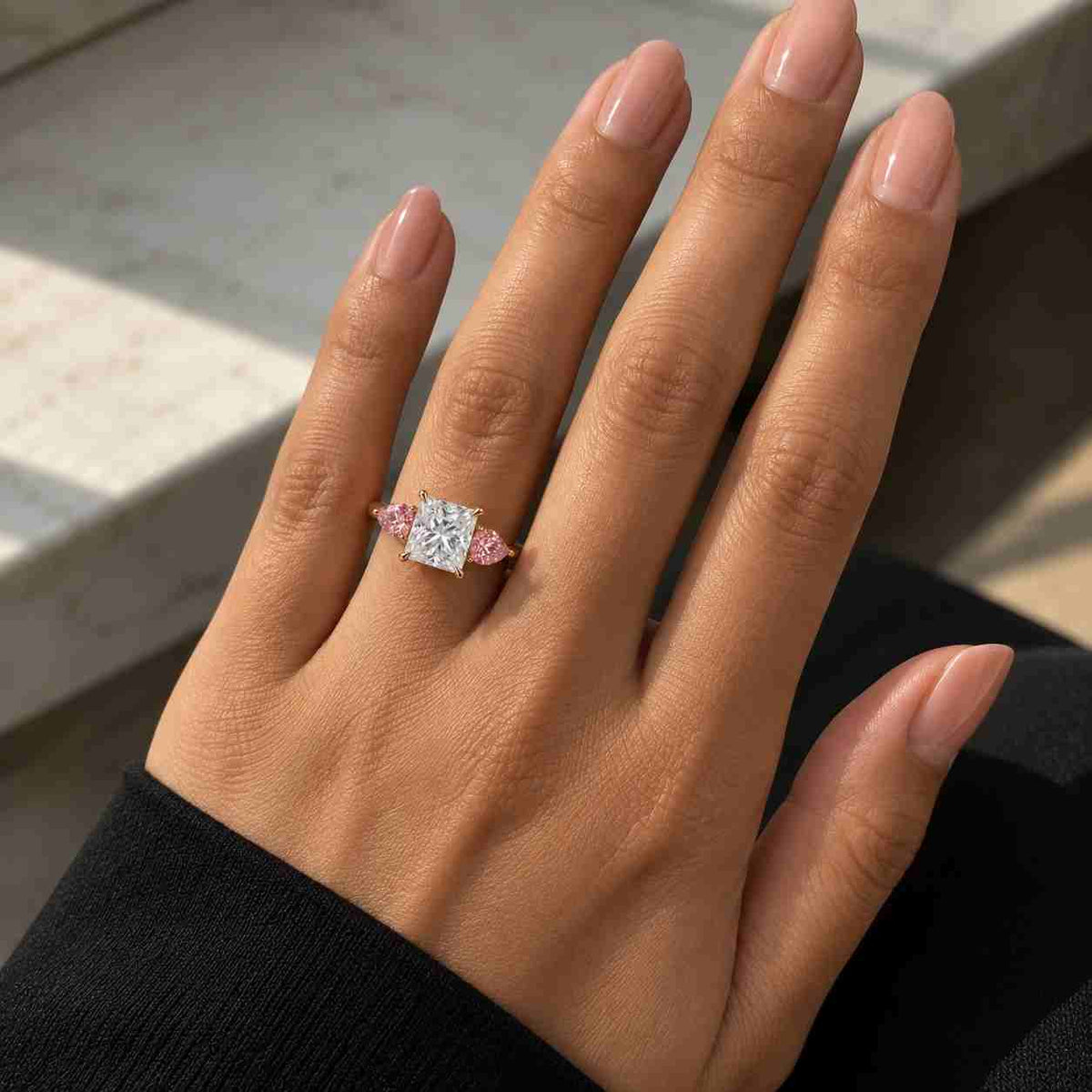 2.25 carat D Color VVS2 Clarity IGI CERTIFIED Princess Cut Three Stone Lab Grown Diamond Engagement Ring, Side Round Diamonds 14k White Gold