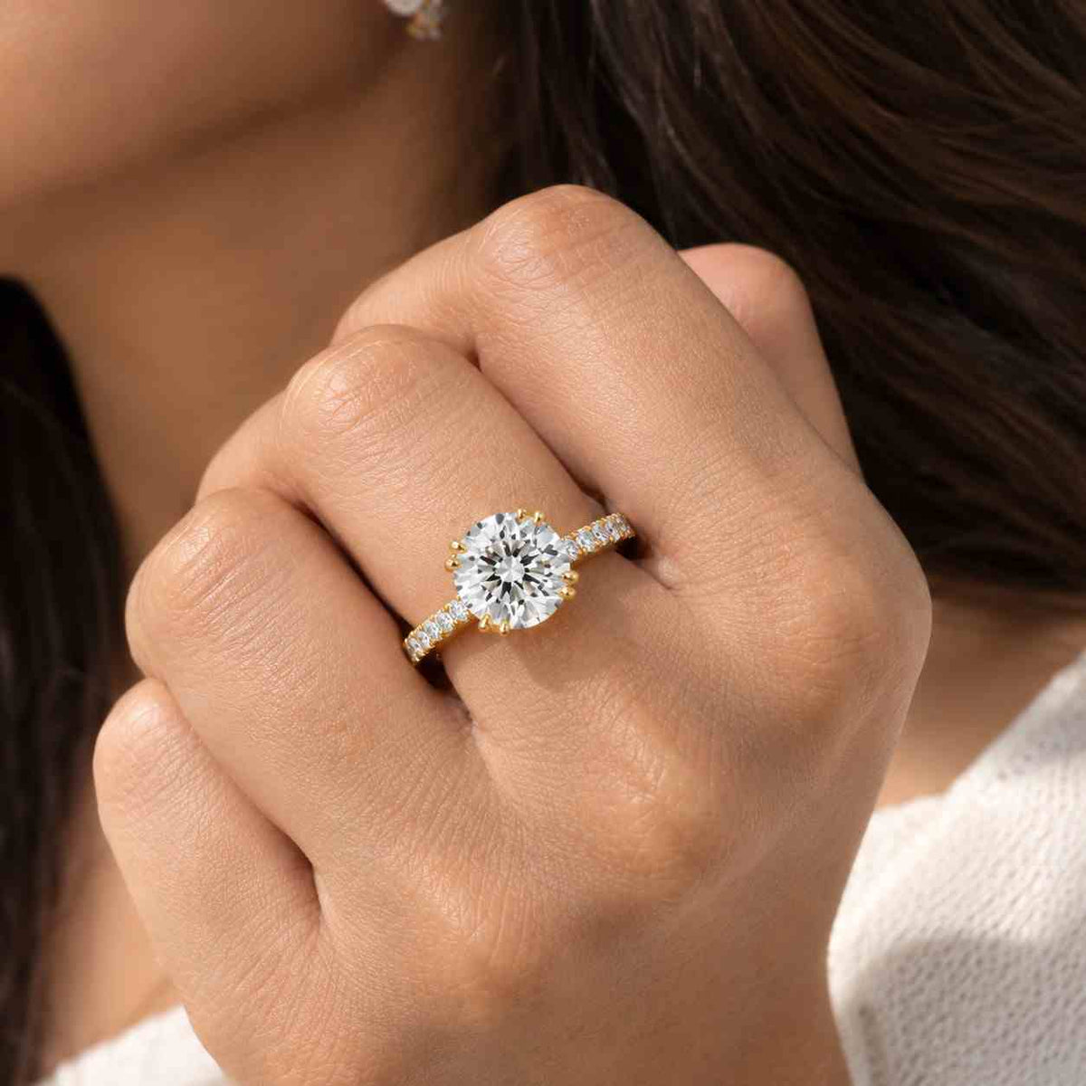 2.29 CTW Round Brilliant Cut Lab Grown Diamond Engagement Ring in 18K Solid White Gold Pear Cut Side Diamonds Three Stone Ring IGI Certified
