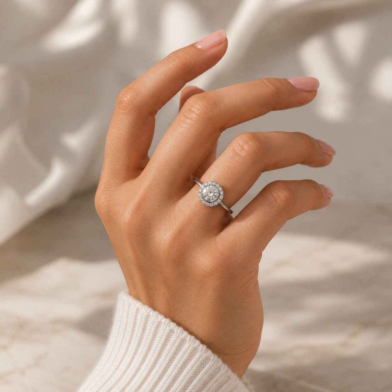 2.40 ctw round brilliant shaped lab grown diamond engagement ring with pavé diamond and hidden halo setting in 14k gold, selina
