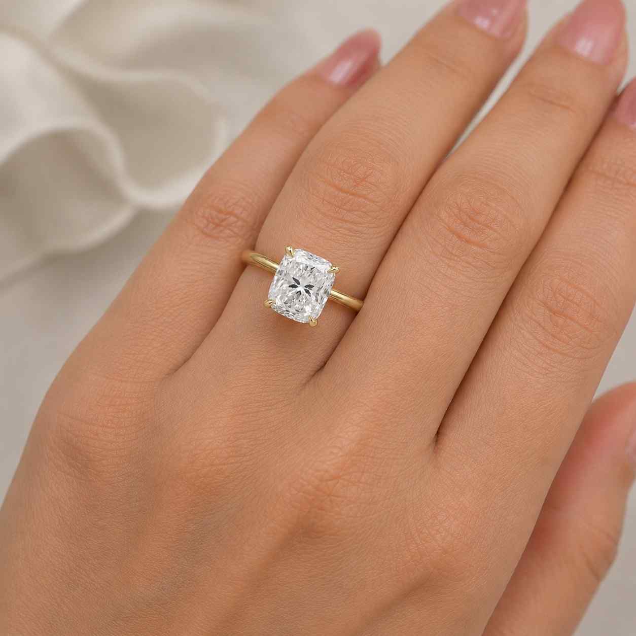 2.50ct elongated cushion cut lab grown diamond or moissanite solitaire engagement ring, hidden halo