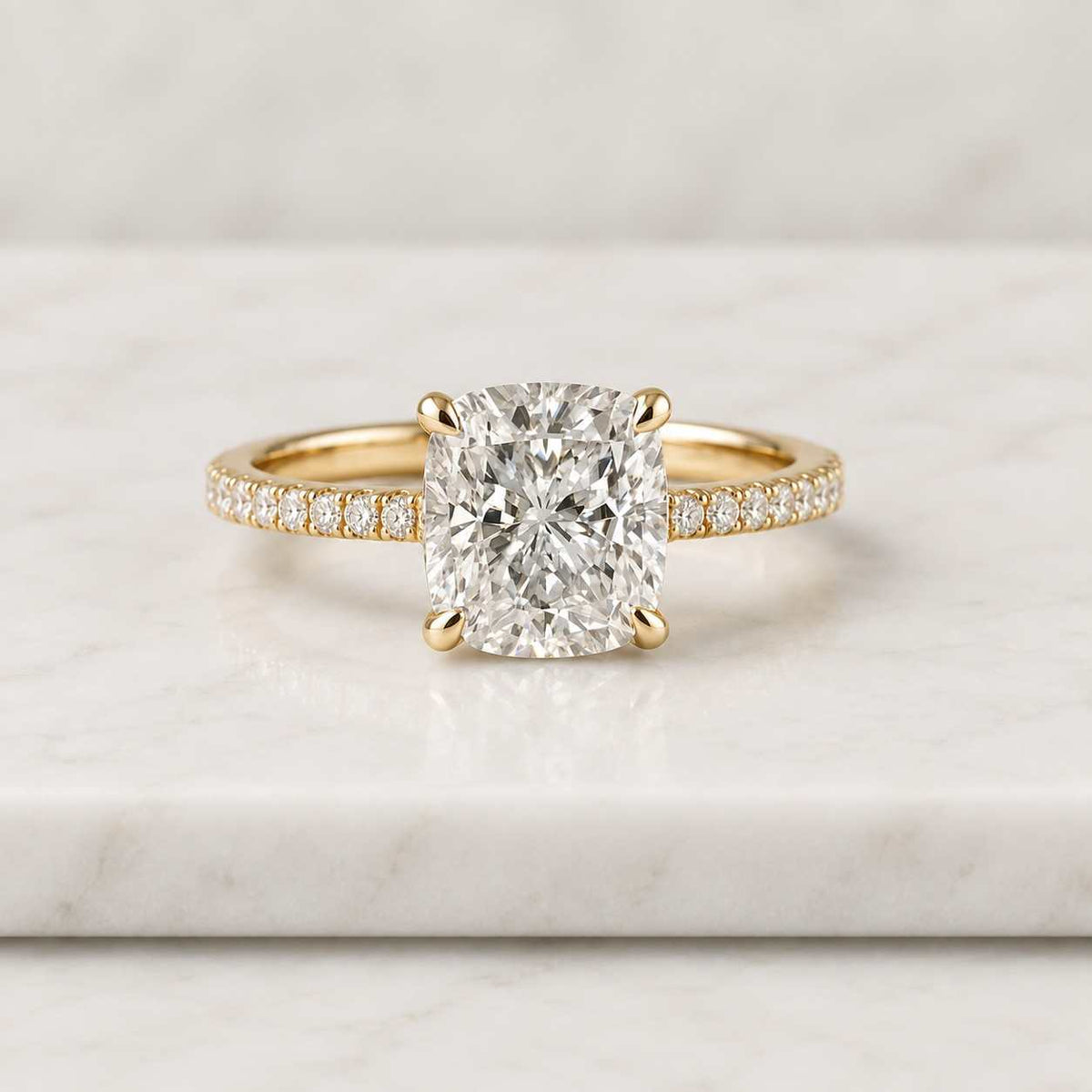 2.50ct elongated cushion lab grown diamond or moissanite engagement ring, hidden-halo cathedral pavé band