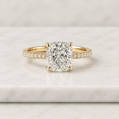 2.50Ct Elongated Cushion Lab Grown Diamond or Moissanite Engagement Ring, Hidden-Halo Cathedral Pavé Band