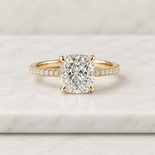 2.50Ct Elongated Cushion Lab Grown Diamond or Moissanite Engagement Ring, Hidden-Halo Cathedral Pavé Band