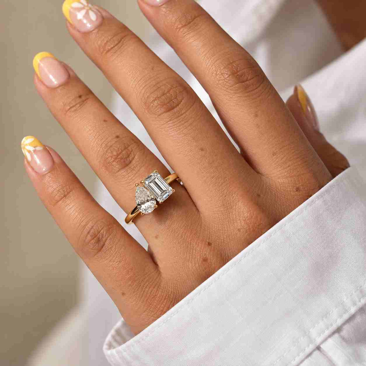 2.50 TCW Lab Diamond Toi et Moi Ring, 14K Gold Emerald & Pear Cut