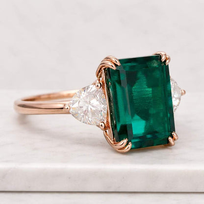 Emerald Cut Lab Emerald Engagement Ring | Vintage Diamond Leaf Bridal Ring | Nature Inspired Anniversary Ring Gift
