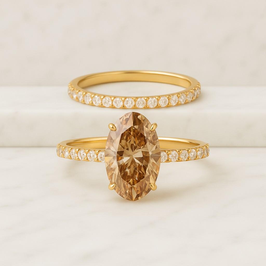 2.5CT Oval Cut Moissanite Engagement Ring Set 14k Solid Yellow Gold Wedding Ring Set Unique Bridal Set For Her Diamond Matching Ring Set