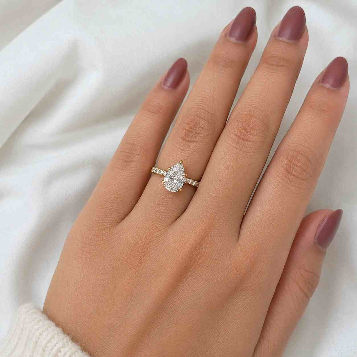 2.5ct pear cut lab grown diamond engagement ring, hidden halo pave ring, 14k white gold cvd diamond ring, proposal ring for her
