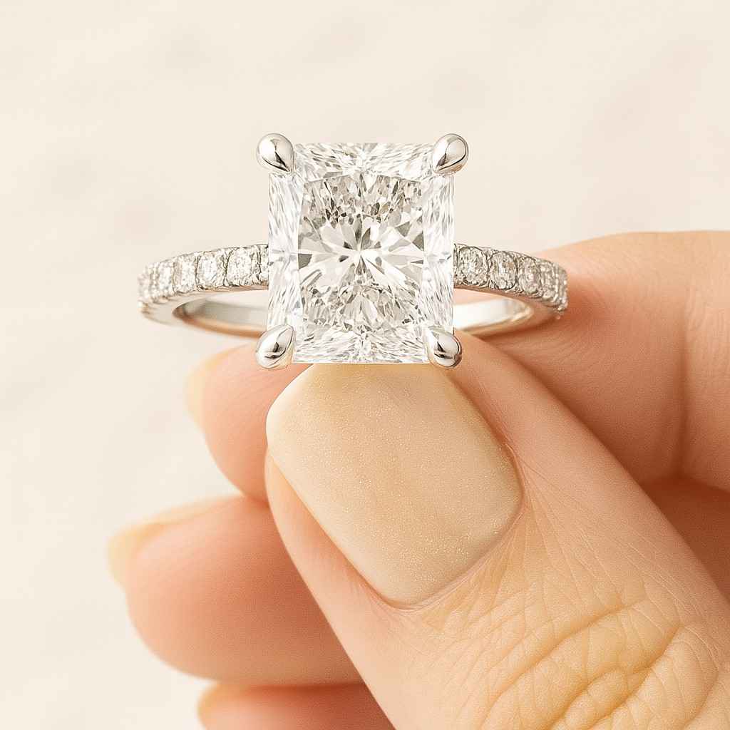 Hidden Halo 14k Solid Gold Ring Radiant Diamond Engagement Ring Set 1 Carat IGI Certified Ring with Matching Band Double Prong Ring