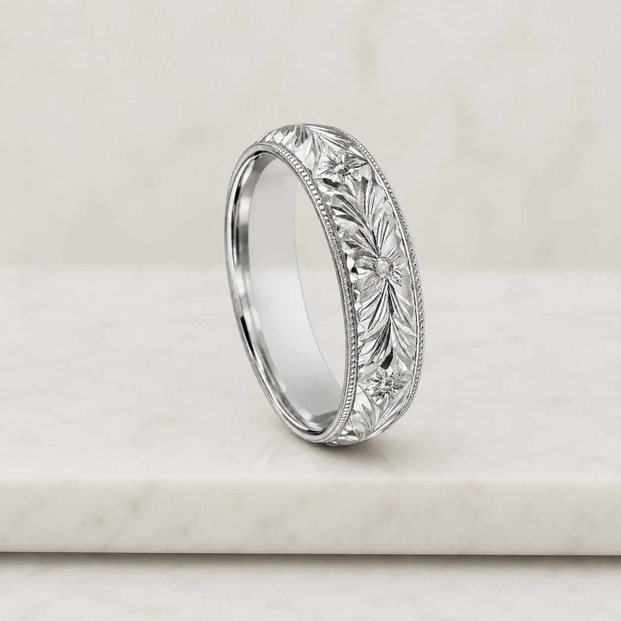 2.5mm birth flower ring solid gold leaf floral wedding band handmade engraved wedding ring natural inspired minimalist ring gift for her