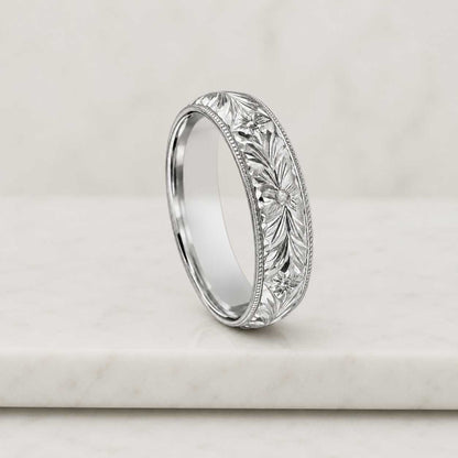 2.5MM Birth Flower Ring Solid Gold Leaf Floral Wedding Band Handmade Engraved Wedding Ring Natural Inspired Minimalist Ring Gift For Her