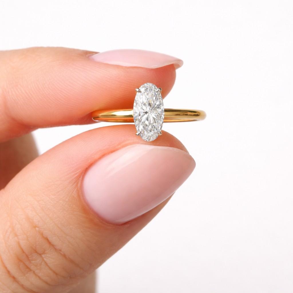 2.5 ct moval lab grown diamond tapered ring | bezel set solitaire engagement ring | 14k yellow gold cathedral bridal ring | elegant gift
