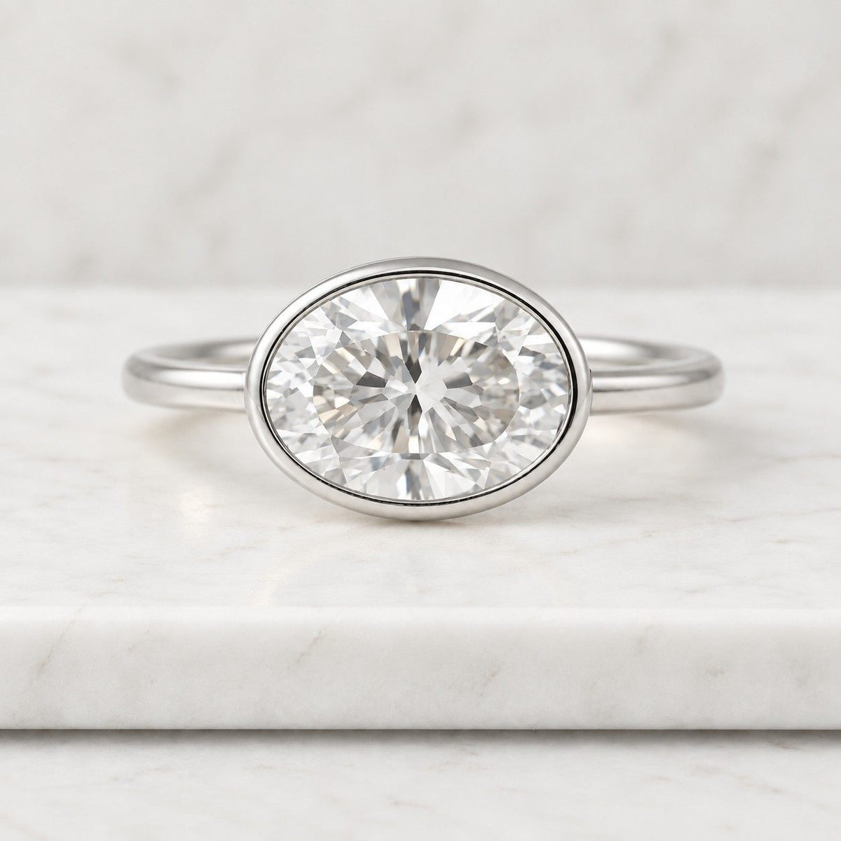 2.5 CT Oval Cut Moissanite Bezel Set Engagement Ring | Solid Gold Minimalist Solitaire Ring 