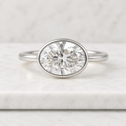 2.5 CT Oval Cut Moissanite Bezel Set Engagement Ring | Solid Gold Minimalist Solitaire Ring 