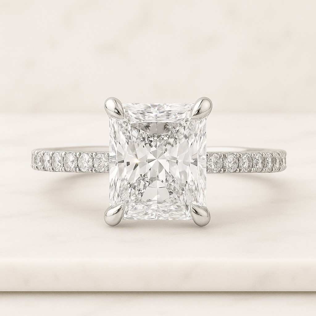 2.5 carat e color vvs2 clarity igi certified elongated radiant cut lab grown diamond stylish halo design engagement ring