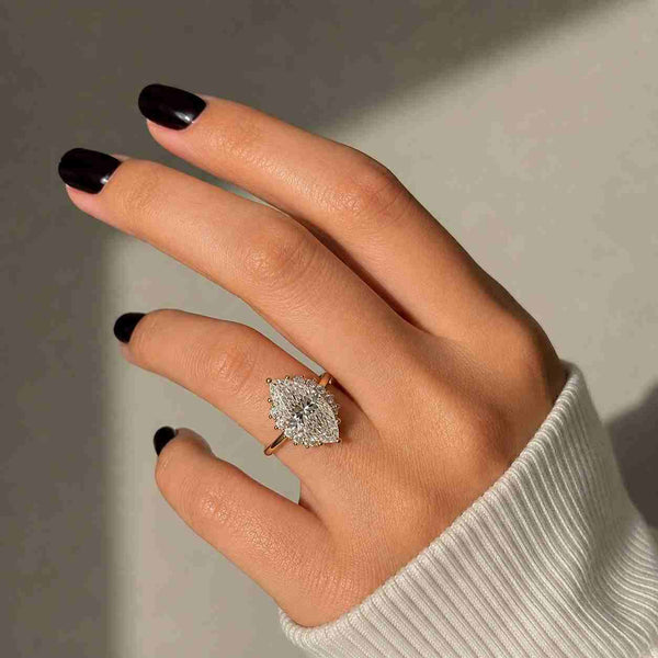 2.5 carat E Color VVS2 Clarity IGI Certified Marquise Cut Lab Grown Diamond Solitaire Engagement Ring with Hidden Halo of Round Diamonds