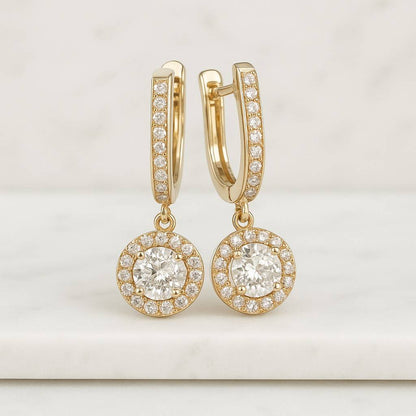 Double Halo CZ Dangle Huggies Rhodium Plated White Brass Earrings Lab Diamond Hoop Earrings 2.64 Carat Gold Plated Sterling Silver
