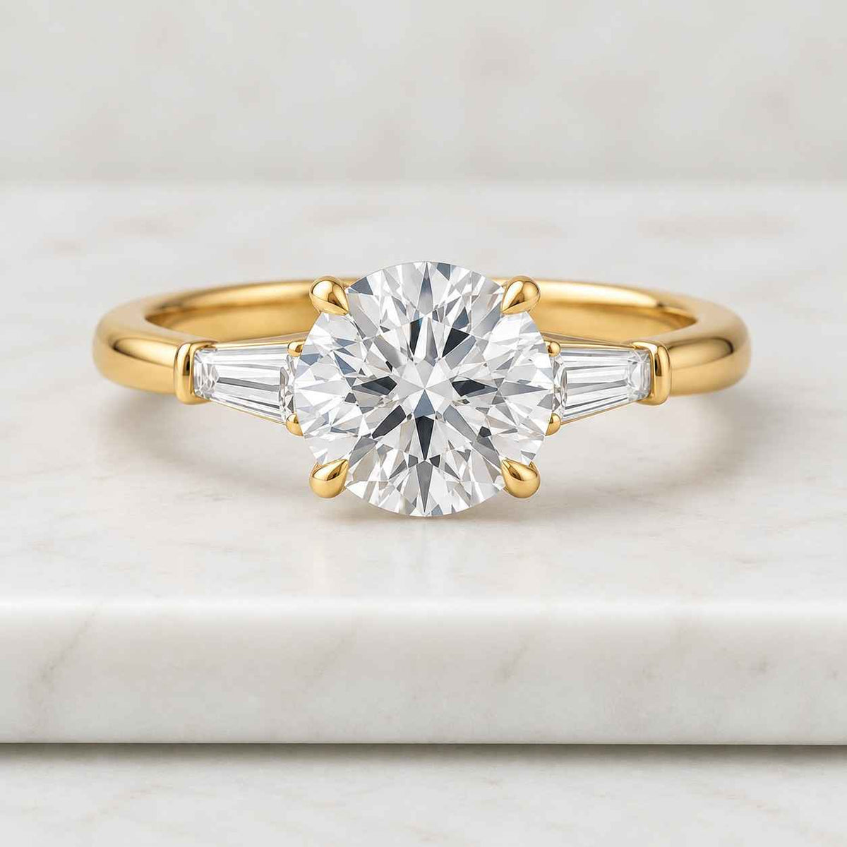 2ct igi certified round three stone lab grown diamond engagement ring for women, promise ring, tapered baguette side stones, elegant jew
