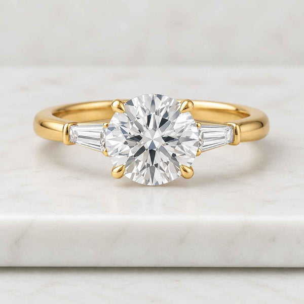 2CT IGI Certified Round Three Stone Lab Grown Diamond Engagement Ring for Women, Promise Ring, Tapered Baguette Side Stones, Elegant Jew