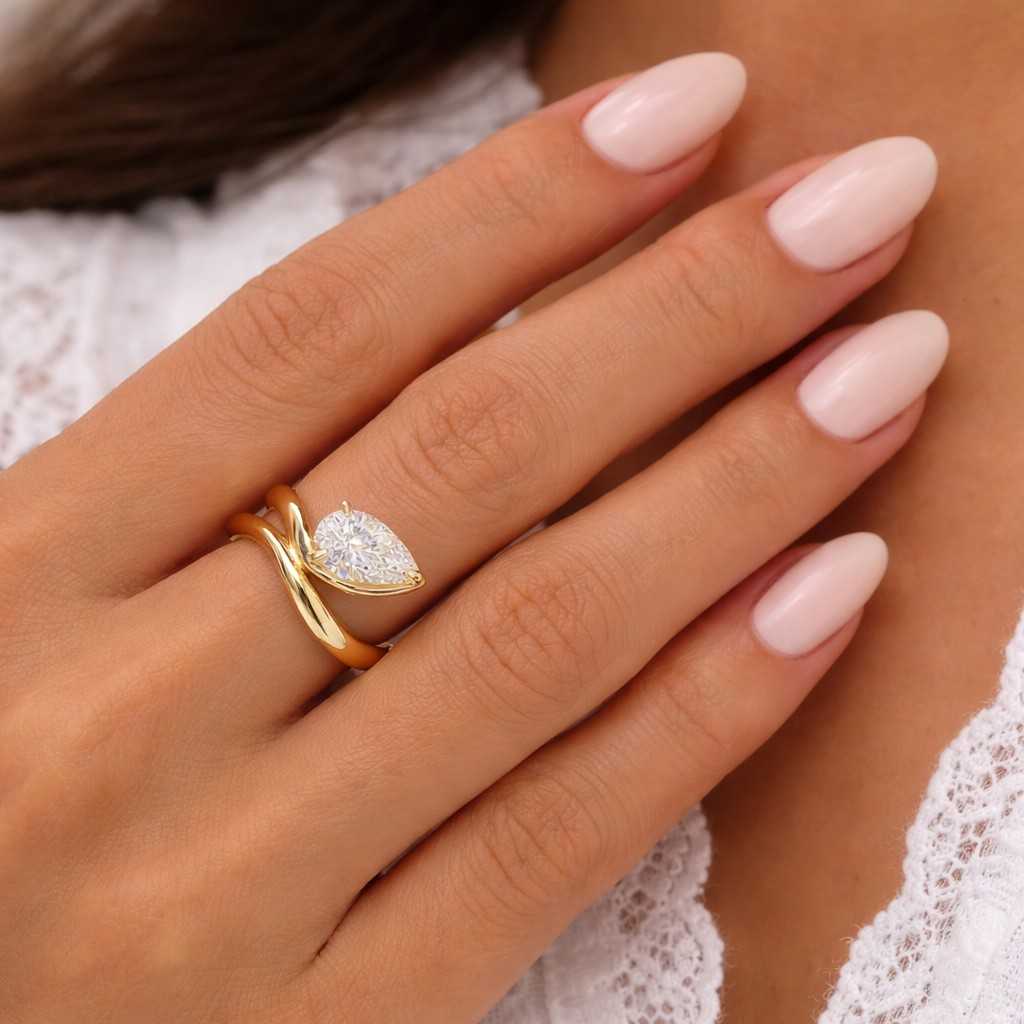 1.00CT Pear Lab Grown Diamond East West Pinky Ring IGI Certified | Bezel Set Friendship Ring | 14k Gold | Unique Teardrop Engagement Ring
