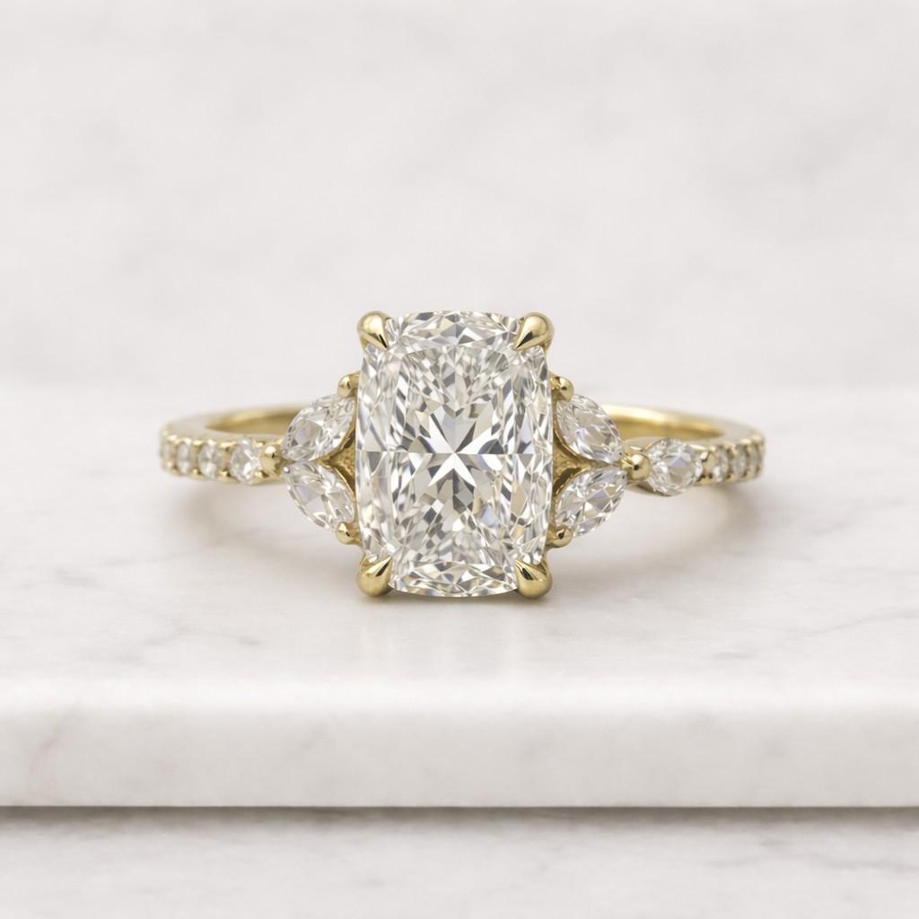 2 CT Elongated Cushion Moissanite Diamond Engagement Ring Solid Gold Snowdrift Band, Wedding Jewelry
