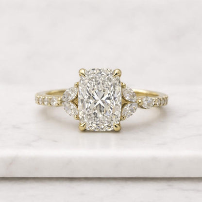 2 CT Elongated Cushion Moissanite Diamond Engagement Ring Solid Gold Snowdrift Band, Wedding Jewelry
