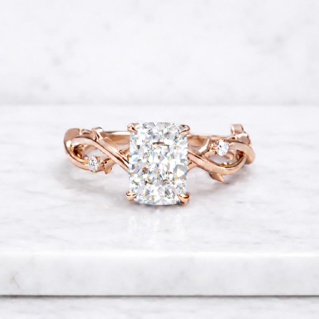 2 ct elongated cushion lab grown diamond nature inspired engagement ring,