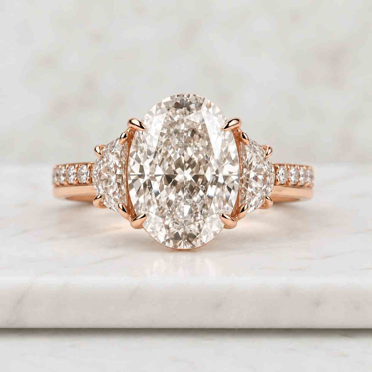 2 ct oval cut lab grown diamond engagement ring, three stone engagement ring, side half moon lab diamonds, 14k solid yellow gold ring