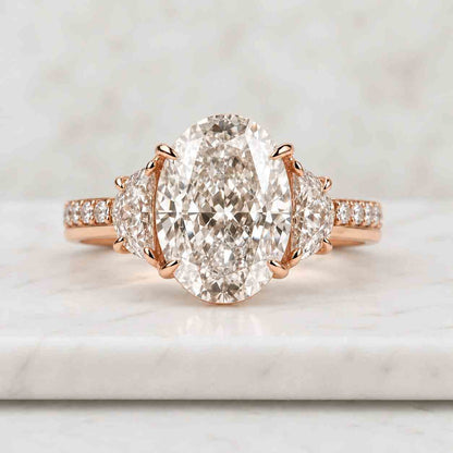 2 CT Oval Cut Lab Grown Diamond Engagement Ring, Three Stone Engagement Ring, Side Half Moon Lab Diamonds, 14k Solid Yellow Gold Ring