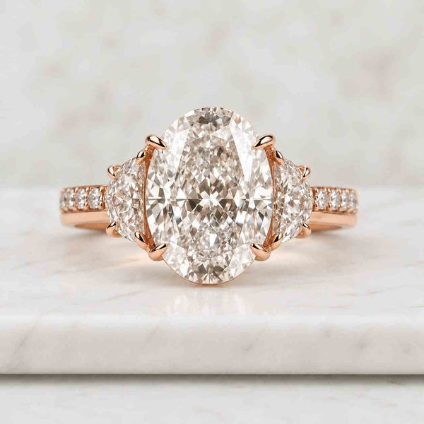 2 CT Oval Cut Lab Grown Diamond Engagement Ring, Three Stone Engagement Ring, Side Half Moon Lab Diamonds, 14k Solid Yellow Gold Ring