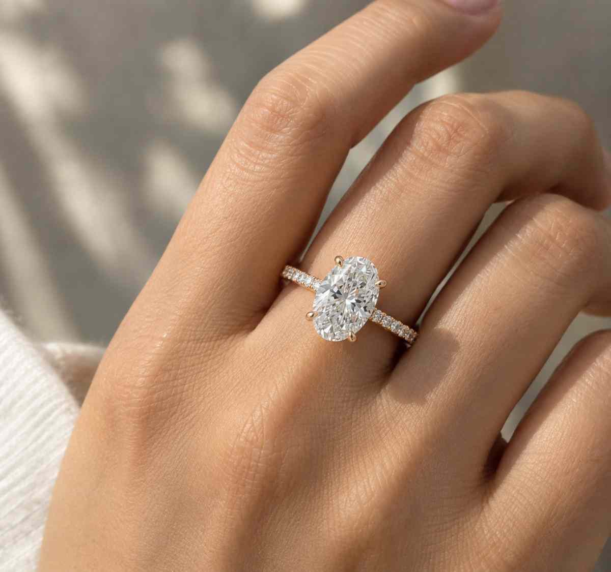 2 ct oval cut lab grown diamond halo engagement ring | hidden halo oval diamond ring | side accent pavé ring | anniversary gift for her
