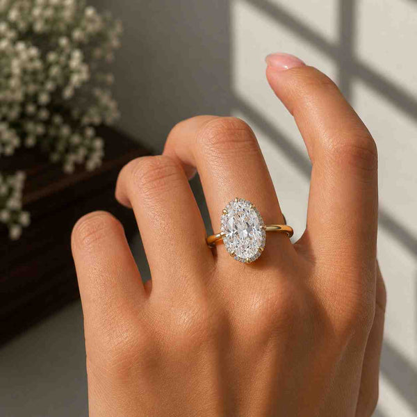 2 CT Oval Lab Grown Diamond Ring, Solitaire Engagement Ring, 14K Yellow Gold, Hidden Halo Ring, Oval Cut Diamond Ring, Promise Ring Gift