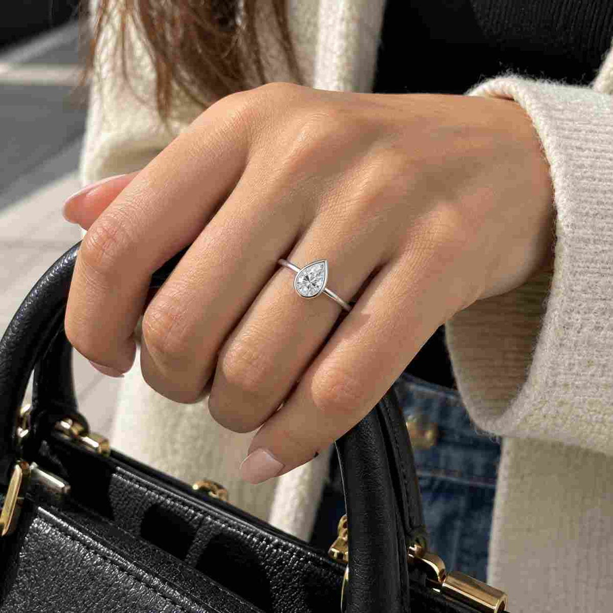 2 ct pear cut lab grown diamond engagement ring  bezel set teardrop solitaire ring  14k yellow gold thin band  anniversary gift for her