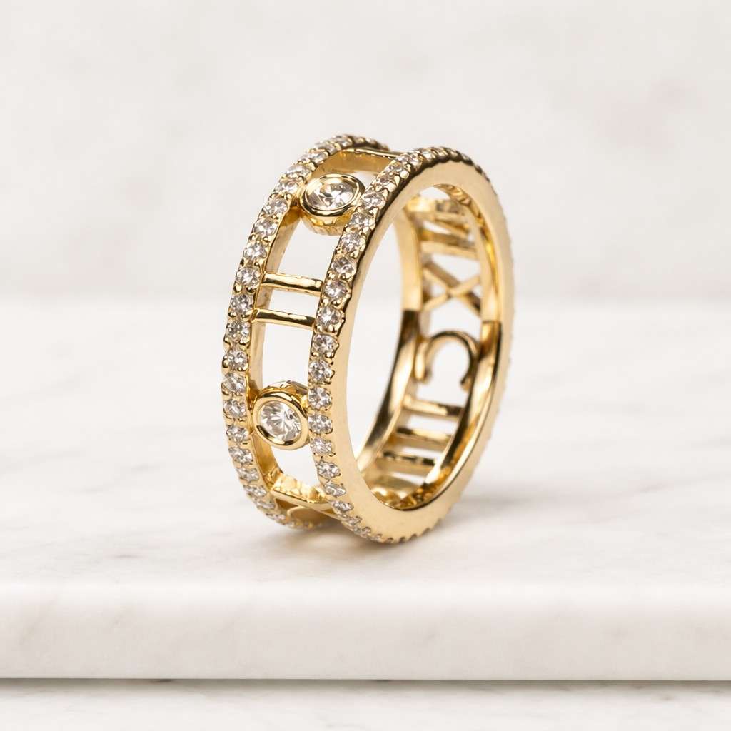 custom roman numeral moissanite band, 14k gold wedding date ring
