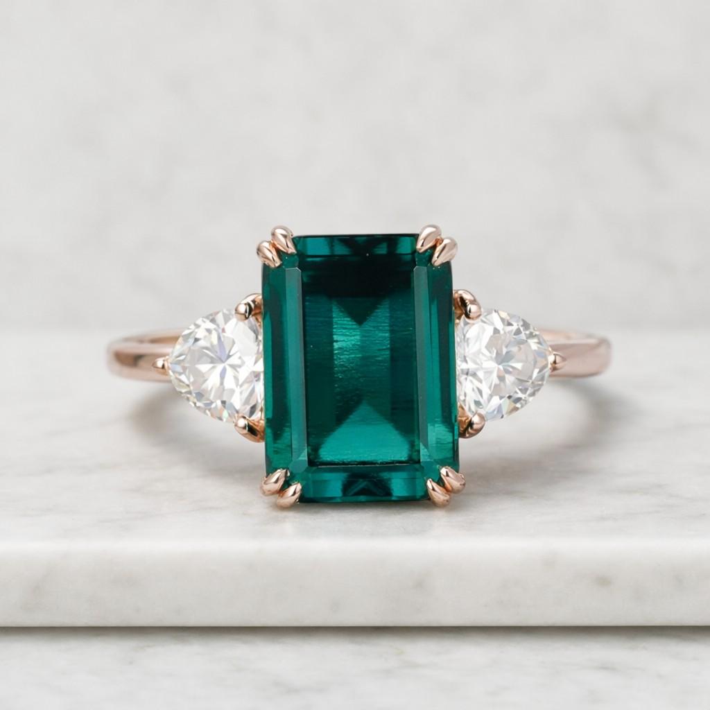 emerald cut green emerald engagement ring, three stone diamond ring, lab grown diamond trilogy ring, 14k gold ring, gifts for her
