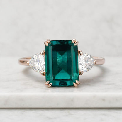 Emerald Cut Green Emerald Engagement Ring, Three Stone Diamond Ring, Lab Grown Diamond Trilogy Ring, 14K Gold Ring, Gifts For Her
