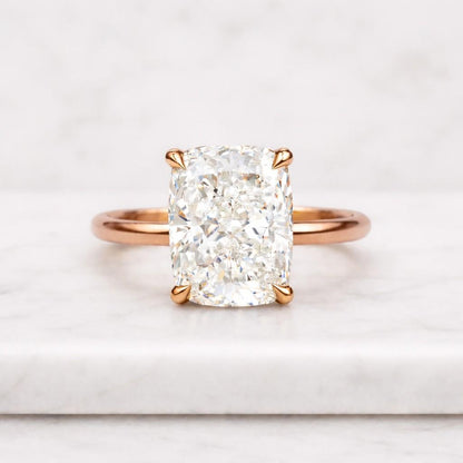 2 Carat Elongated Cushion Lab Grown Diamond Hidden Halo Brush Finish Engagement Ring / Lotus Nature Inspired 3MM D Shape Ring in 14k Gold
