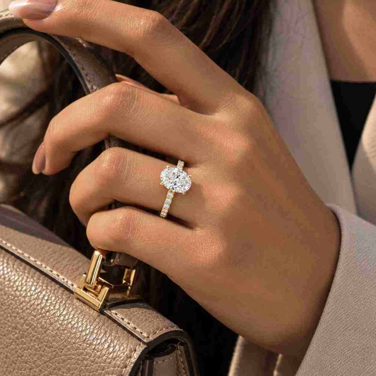 2 Carat Oval Lab Grown Diamond Ring, Thin Engagement Ring, Oval Diamond Hidden Halo Ring, 14K Gold Solitaire Ring
