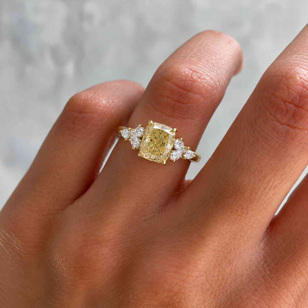 2 Carat Yellow Cushion Diamond Three Stone Ring, Lab Grown Cushion Engagement Ring For Women, 14K Gold Yellow Diamond Ring For Wedding Gift
