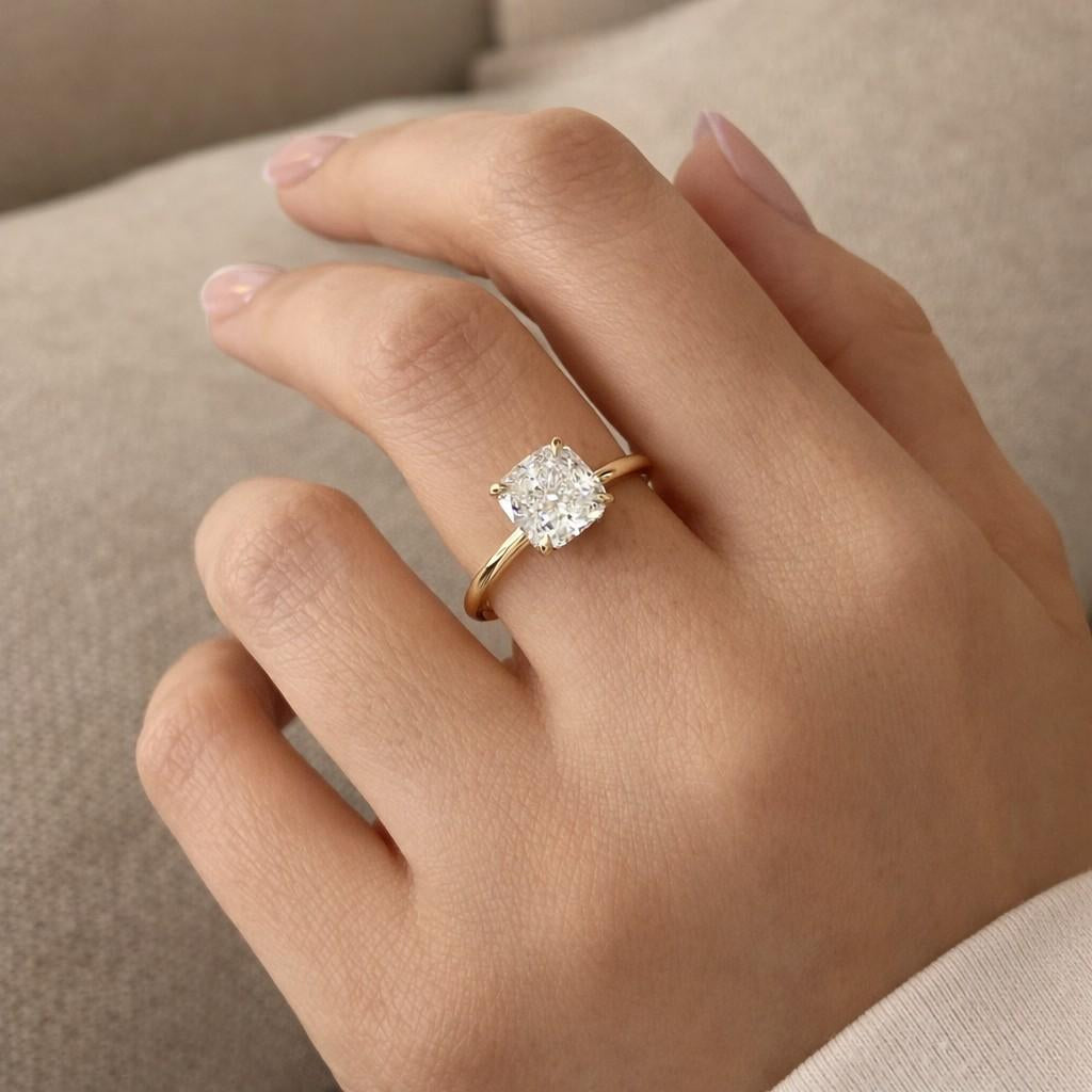 2 carat cushion cut diamond ring lab grown engagement ring yellow gold band solitaire style large diamond ring for proposal gift for her fine jewelry