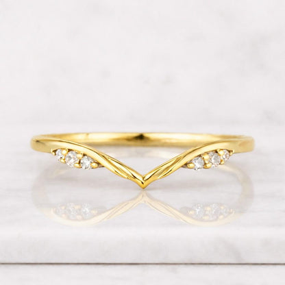 Unique moissanite curved wedding band Vintage yellow gold diamond wedding band Dainty women matching ring Stacking band Promise band
